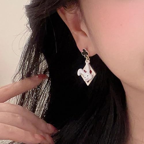 Queen of Hearts Asymmetric Rabbit Hat Poker Dangle Earrings - Red Heart Costume Accessories4