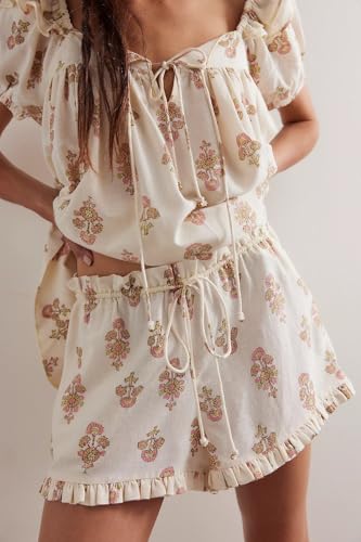 Image of ROAONOCOMO Women Floral Pajama Set Ruffle Puff Sleeve Peplum Shirt Coquette Pj Set Bow Babydoll 2 Piece Shorts Outfit