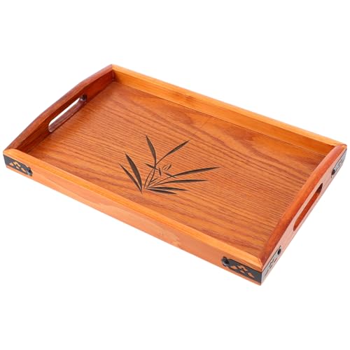 EXCEART 日式長方形木製トレイ 両手ハンドル付き 持ちやすい 軽量で丈夫な天然木素材 おしゃれな彫刻模様付き 配膳やデザートサービスに