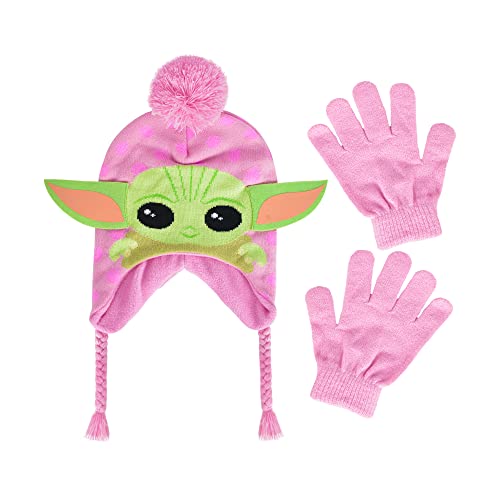 Image of STAR WARS Grogu Beanie Hat and Gloves Set, The Mandalorian Kids Winter Knit Cap and Matching Mittens, Pink, One Size