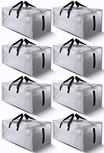 Image of HOMESURE 8 Pack Large Strong Bags with Zippers & Carrying Handles - Water-Resistant - Heavy Duty Storage Tote for Space Saving Storage, Fold Flat, Alternative to Moving Box (Silver)