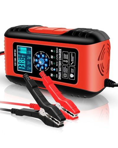 Lulizar 12V/10Amp Car Battery Charger with LCD Screen, Fully Automatic Battery Charger with 7 Charge Stages, Intelligent Charges, Repair, Maintains for AGM, WET & GEL Lead Acid Batteries