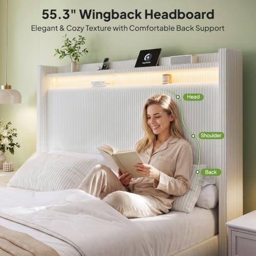Image of Queen Size Bed Frame with 55.3 inch Tall Headboard, Corduroy Upholstered,Cream