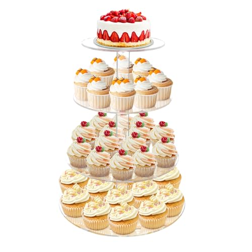 LoveDisplay Cupcake Stand, 4 Tier Cupcake Stand for 50 Cupcakes, Round Tiered Cupcake Tower, Clear Acrylic Cupcake Holder, Dessert Stands for Party, Wedding, Birthday, Baby Shower, Halloween