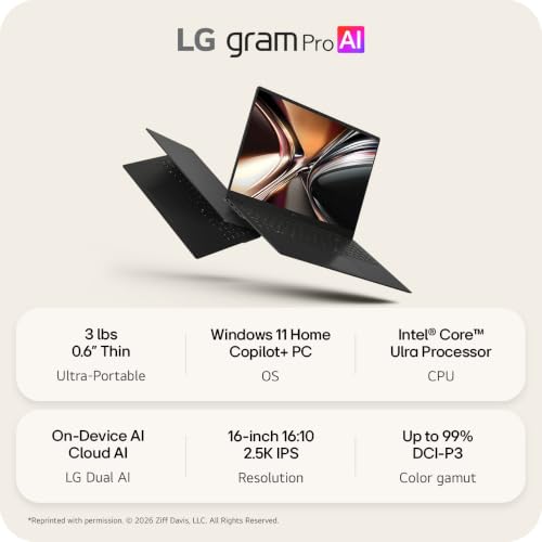Image of LG gram Pro 16-inch Thin and Lightweight Dual AI Touchscreen Laptop Computer, Windows 11 Home, Copilot+ PC, Intel Core Ultra 7 355, 16GB RAM, 1TB SSD, Obsidian Black