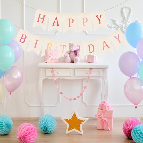 Image of Doumeny Happy Birthday Burlap Banner Boho Birthday Garland Bunting Ombre Pink Bohemian Party Garland Banner Multicolor Happy Birthday Sign Flag Birthdays Hanging Bunting for Home Wall Mantel Fireplace
