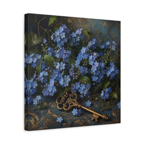 Canvas floral myosotis bleu et or décoration murale salon moderne de 40x40cm