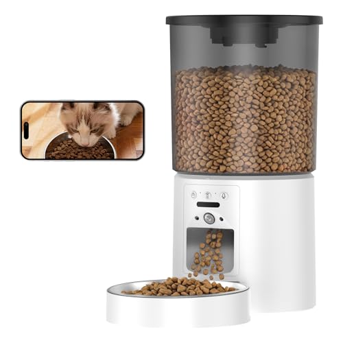 Miaosical Automatic Cat Feeder with Camera,WiFi Cat Food Dispenser with App Control,1080P HD Video,Two-Way Audio, Transparent 4.2L Food Container (White)