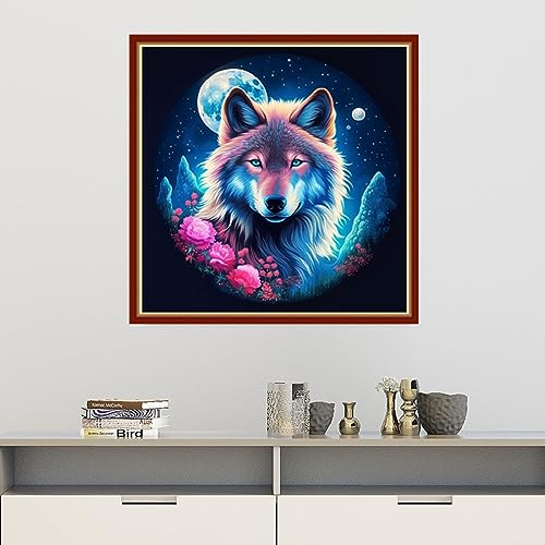 Image of Findvoor Stamped Cross Stitch Kits for Beginners Full Range of Cross Stitching Embroidery Pattern for Adults, 11CT DIY Needlepoint Embroidery Starter Kits-Wolf Flower 17.7x17.7 inch