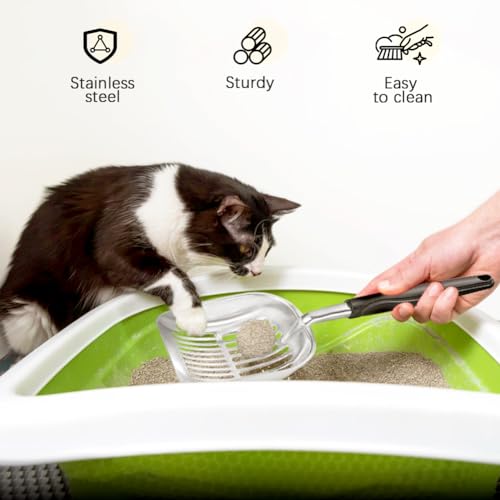 Katzenstreu-Siebkelle, Katzenstreu-Siebkelle mit langer Handgriff, Edelstahl-Siebkelle, Mist-Siebfunktion, Siebspaten, geeignet für Katzenstreu-Kisten (schwarz)