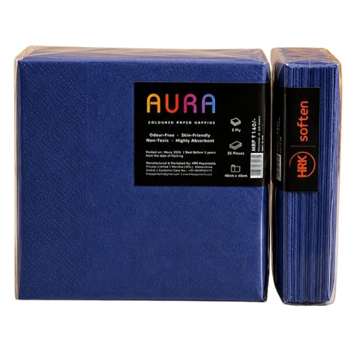 AURA Coloured Paper Napkins – 50 Pulls (25 x 2 Packs) (40 * 40cm) | 3 Ply Ultra Soft & Absorbent Tissue Paper for Theme Party, Birthday, Home, Kitchen & Restaurant Use (Dark Blue)