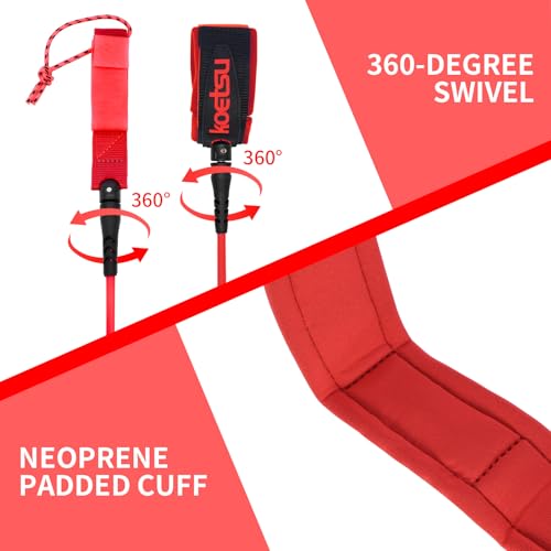 KOETSU Premium 10ft Coiled SUP Leash, 7mm Thick Ankle Safety Rope for Stand Up Paddle Board, Surfboard, Longboard, Kayak – Universal Water Sports Accessory (Red) - Thumbnail 4