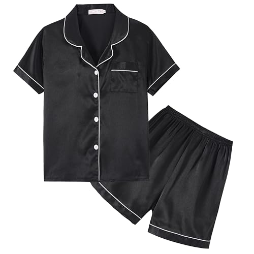Unisex Kids Boys and Girls Pajama Sets Summer Short Sleeve With Shorts Sleepwear Satin Button Down Loungewear