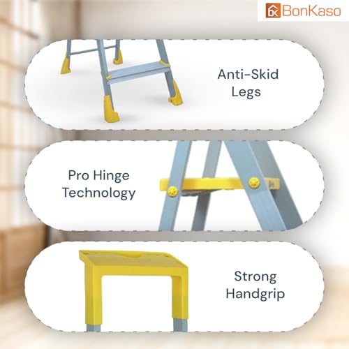 Image of BonKaso Climb Lite Pro+ 4 Step Foldable Ladder with Tool Tray (89.8W x 137H Cm)| Heavy-Duty, Anti-Slip & Firm Grip, Load Capacity Upto 120kg | Durable & Portable (Aluminium Step, Yellow & Satin)