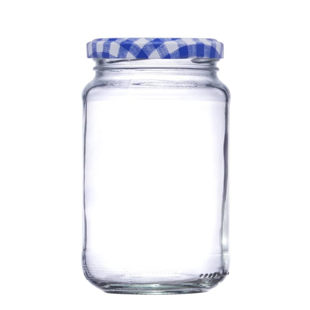 Wares Of Knutsford Limited Blue Gingham 24 X 12Oz (296Ml) Glass Jam Jars With Red Gingham Twist-Off Lids – Preserving Jars For Jam, Marmalade, Chutney & Homemade Preserves (Blue Gingham)
