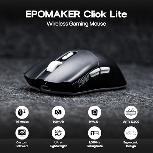 EPOMAKER Click Lite Wireless Gaming Mouse, 800 to 12,000 DPI Adjustable, PAW3311 Sensor, 500mAh, 59g, 2.4G/BT/USB-C Rechargeable Wireless Mouse with 5 Programmable Buttons (Black) - 1