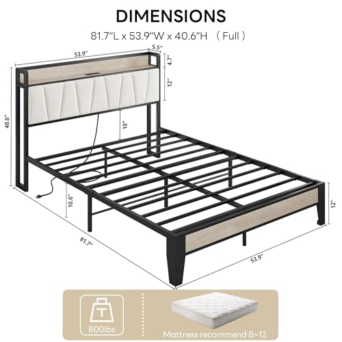 Image of LIKIMIO Full Bed Frames, Boucle Storage Headboard with Charging Station, Solid and Stable, Noise Free, No Box Spring Needed, Easy Assembly