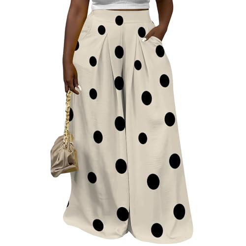 Womens Polka Dot Print Wide Leg Pants Casual High Waisted Long Palazzo Pants Trousers with Pockets