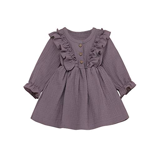 Toddler Baby Girl Ruffle Dress Infant Cotton Long Sleeve Fall Winter A Line Dress with Button (2-3 Years, Purple)