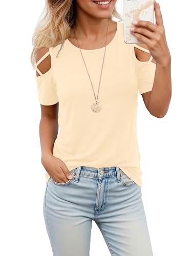 Image of Jar of Love Women's Summer Tops Short Sleeve Cold Shoulder Tops T-Shirts for Women Spring Summer Tops Loose Fit Tunic 2026