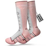 OutdoorMaster Kinder-Skisocken, 2er-Pack Merinowolle, Winter-Kompressions-Thermosocken für Jungen und Mädchen, rutschfeste Manschette über der Wade zum Skifahren, Snowboarden, Skaten (M,Rosa-2)