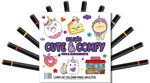 Cute & Comfy Coloring Book for Adults Edição 3 – Bold Easy – Livro de Colorir Adulto + 12 Canetas: