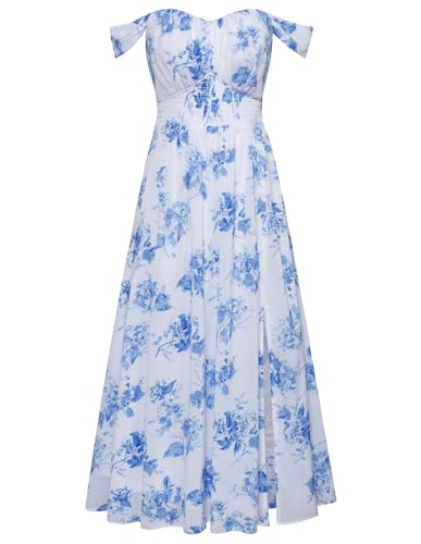 Summer White-Blue Floral Dress for Women 2026,Off the Shoulder Smocked Bridesmaid Dresses,Formal Baby Shower Maxi Dressesl M