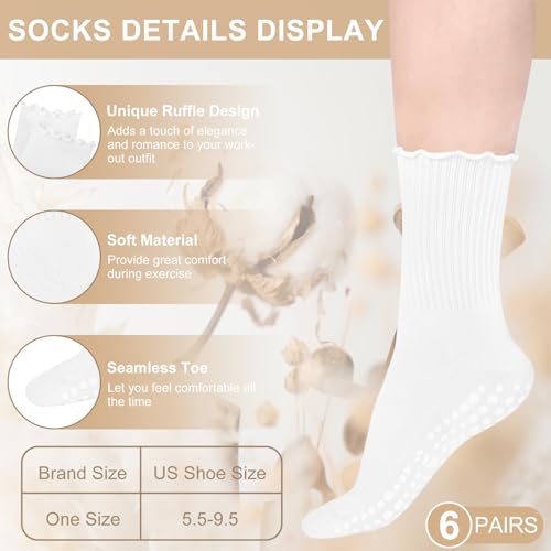 Justay 6 Pairs Womens Pilates Socks with Grips Crew Non Slip Ruffle Cotton for Athletic Workout Barre Hospital Yoga Socks2