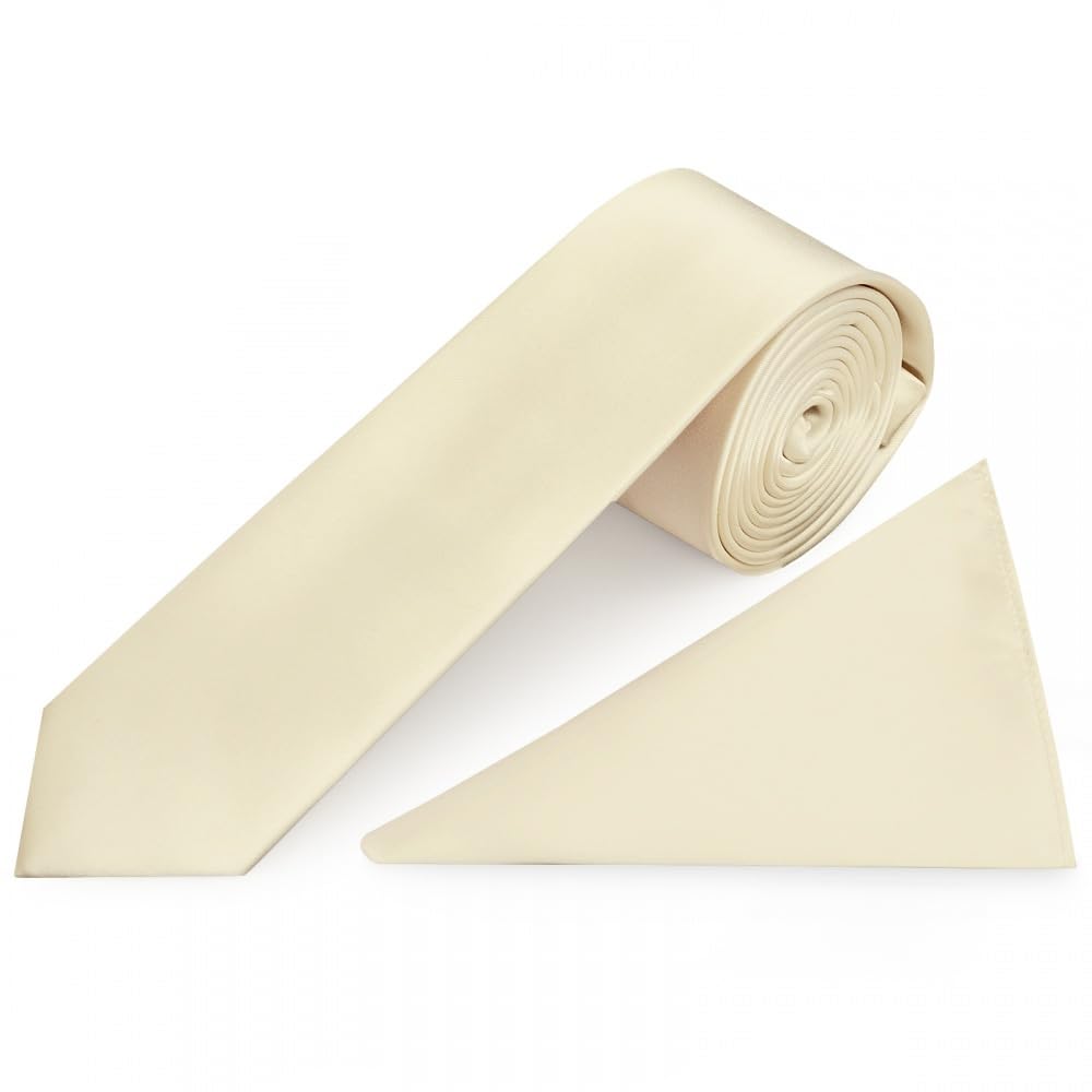 Ties R Us Men's Ivory Plain Satin Skinny Tie And Handkerchief Set