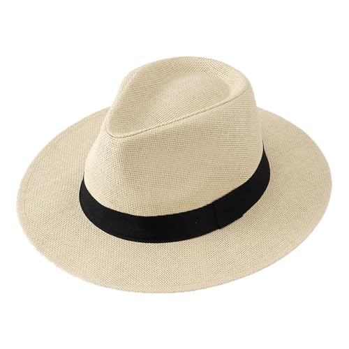 Herren Sonnenhut Strohhut Breitkrempiger Cowboyhut Atmungsaktiv Sommer Strandhut Outdoor Reisen Angeln Gartenarbeit Leicht Bequem (Beige, One Size)