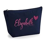 Personalisiert Name Initialen & Herz Kosmetiktasche Damen Schminktasche für Handtasche Makeup Tasche - Glitter oder Flocke Material Druck - Rosa Glitzer - M | Marine Blau