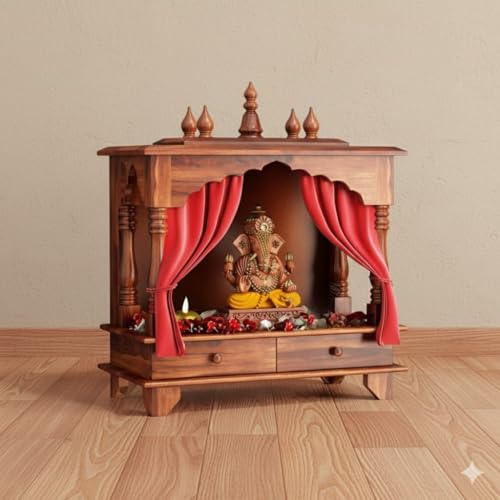 Image of MISAN Wooden Wall Mounted Temple, Traditional Indian Style, Sheesham Wood,Sheesham Wood Pooja Mandir for Home (Hony)