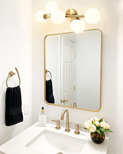 Image of Bathroom Vanity Lights, 5-Light Bathroom Light Fixtures, Mid Century Modern Brass Bathroom Light Ceiling Light, Wall Sconces Semi-Flush Mount Light Fixture with Milk Globe Glass, Brass Gold, G9 Base