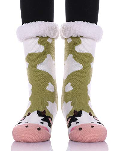 YEBING Women's Cute Knit Cartoon Animal Face Soft Warm Fuzzy Fleece Lining Winter Home Slipper Socks Green Cow