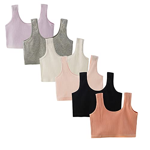 Betusline Girls' Ribbed Crop Traning Bras Breathable Beginner Unpadded Sport Bralette for Girls, 6 Pack, White/Gray/Black/Pink/Cameo Brown/Lilac, 10-13 Years = Tag M