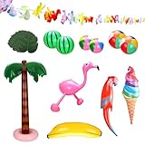 22 Pcs Inflatable Palm Tree Watermelon Beach Ball Parrot Flamingo Banana Ice Cream Summer Garland Leaves for Beach Pool Luau Tropical Hawaiian Party Decorations