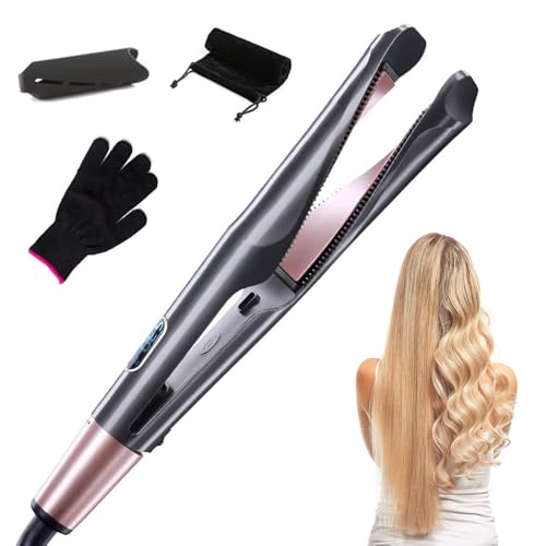 Dhqkqg 2 in 1 Hair Straightener and Curler, Hair Straighteners with Adjustable Temperature LCD Display, Hair Straighteners and Curlers in One, Flat Iron Hair Straightener for Curl/Wave/Straighten Hair