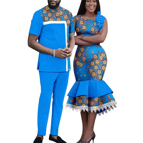African Sexy Print Ruffles Lace Dresses for Women Matching Couple Outfits Dashiki Men Clothes Shirt Top and Pant Sets
