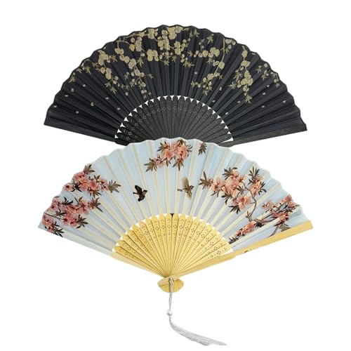 Kasesss 2 Piezas Abanico Plegable, Abanicos De Bambú De Tela De Seda, Abanicos De Estilo Chino, Ventilador De Mano Plegable Para Regalo, Bodas, Fiestas, Actuaciones, Fotografía, Decoración De Paredes