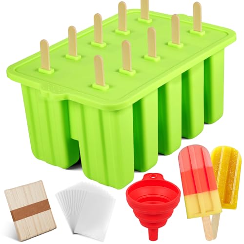 Popsicles Molds,10-Cav Silicone Popsicle Molds for Kid, BPA-Free Popsicle Mold, Ice Pop Mold Maker, Food Preparation Molds With 50 Bags, 50 Strips and Funnel (#Green)