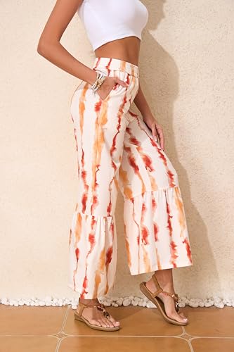 Boho Palazzo Pants for Women Wide Leg Lounge Beach Summer Trousers Elastic Waisted with Pockets Pants Yellow Stripes L4