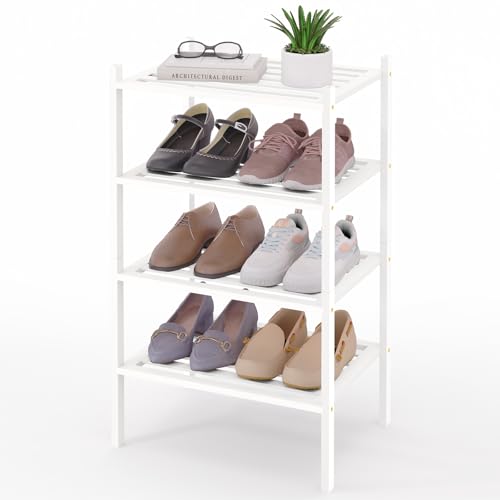 Image of Smiry Bamboo Shoe Rack, 5 Horizontal Slats, 4 Tier - 17.3 inch Wide, White