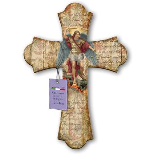Fratelli Bonella – Crucifijo de Pared de Madera de Álamo Con San Miguel Arcángel – Vintage 17 x 24 cm – 100% Fabricado en Italia