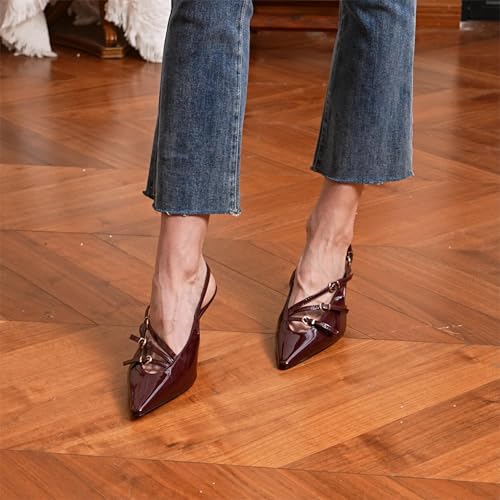 Women's Slingback Kitten Heels Pointed Toe Stiletto Sandals Buckle Strap Heeled Pumps Shoes3