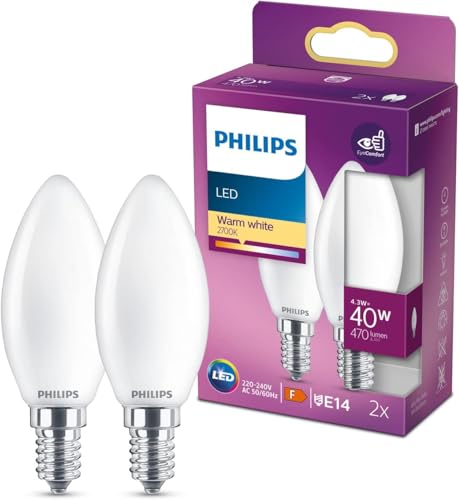 Philips LED Classic E14 Lampe, 40 W, Kerzenform, matt, warmweiß, 2er Pack, Weiß