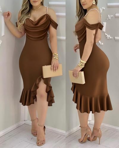 Image of CHICME Womens Sexy Bodycon Party Dress Off The Shoulder Pearls Strap Midi Dress Ruffle Hem Cocktail Dresses