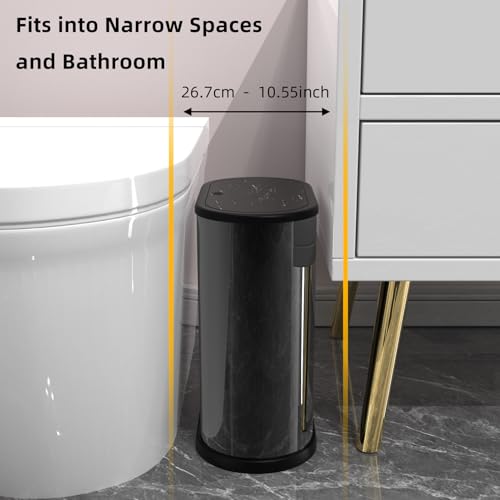 Image of KSSKSS 1.8 Gallons Small Stainless Steel Trash Can with Press Type Lid, Slim Bathroom Garbage Bin, Removable Liner Bucket, Narrow Wastebasket with Pop-Up Lid for Bedroom,Toilet (Titanium Black)