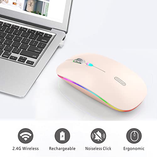 Image of Uiosmuph LED Wireless Mouse, G12 Slim Rechargeable Wireless Silent Mouse, 2.4G Portable USB Optical Wireless Computer Mice with USB Receiver and Type C Adapter (Nude Pink)