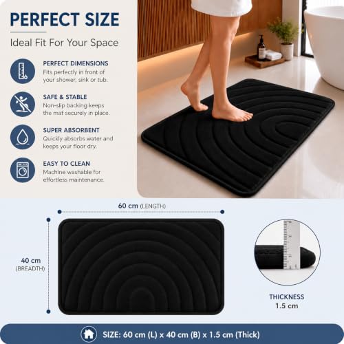 Image of Premium Memory Foam Bath Mat | 40x60cm Super Absorbent Velvet Bathroom Rug | Non-Slip Machine Washable Floor Mat (Jet Black)