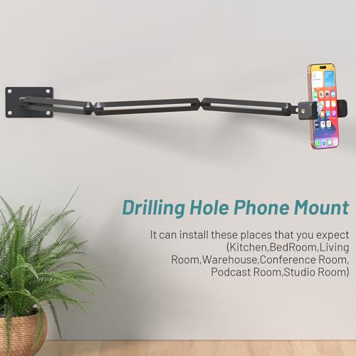 Image of Wall Mount Phone Holder,Phone Holder for Desk Bed,3-Stage Aluminium iPhone Stand,Foldable Extendable Arms Heavy Duty Drilling Base,Compatible with 3.5~7.5 inch iPhone /HTC /LG /Huawei /Galaxy /Smartphones